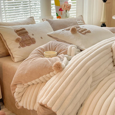 Brown Cute Rabbit Embroidered Fleece Velvet Thickened Duvet Cover Bedding Set